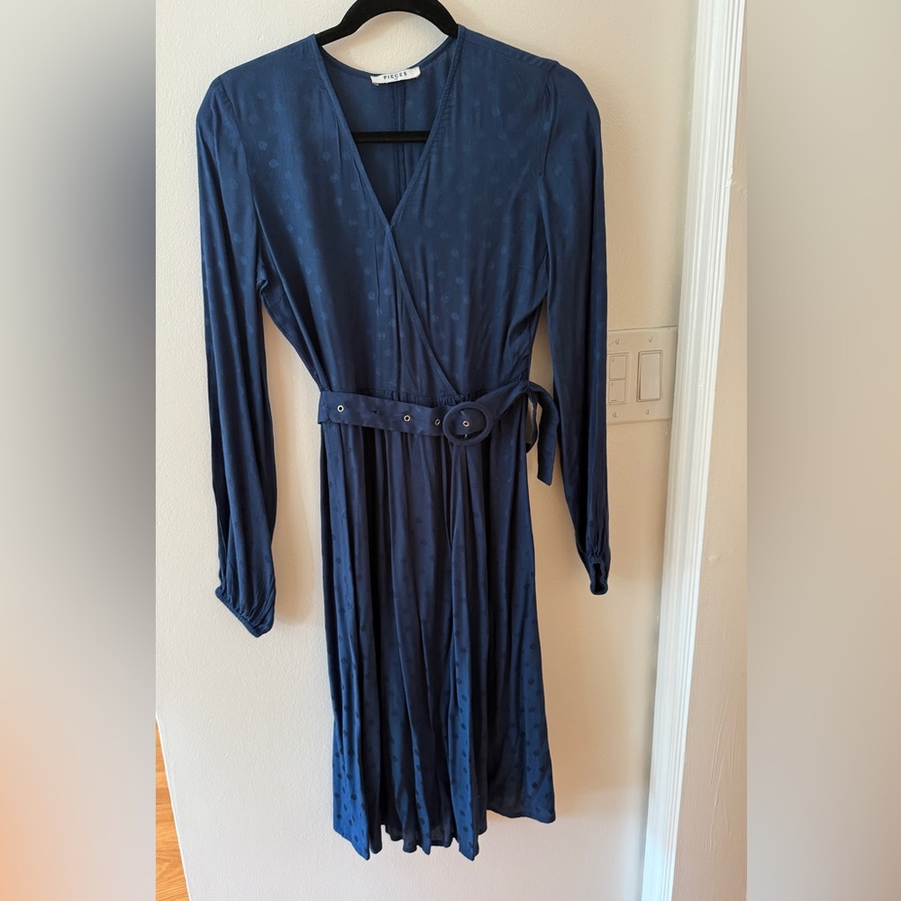 Navy Blue Long Sleeve Wrap Dress with Belt